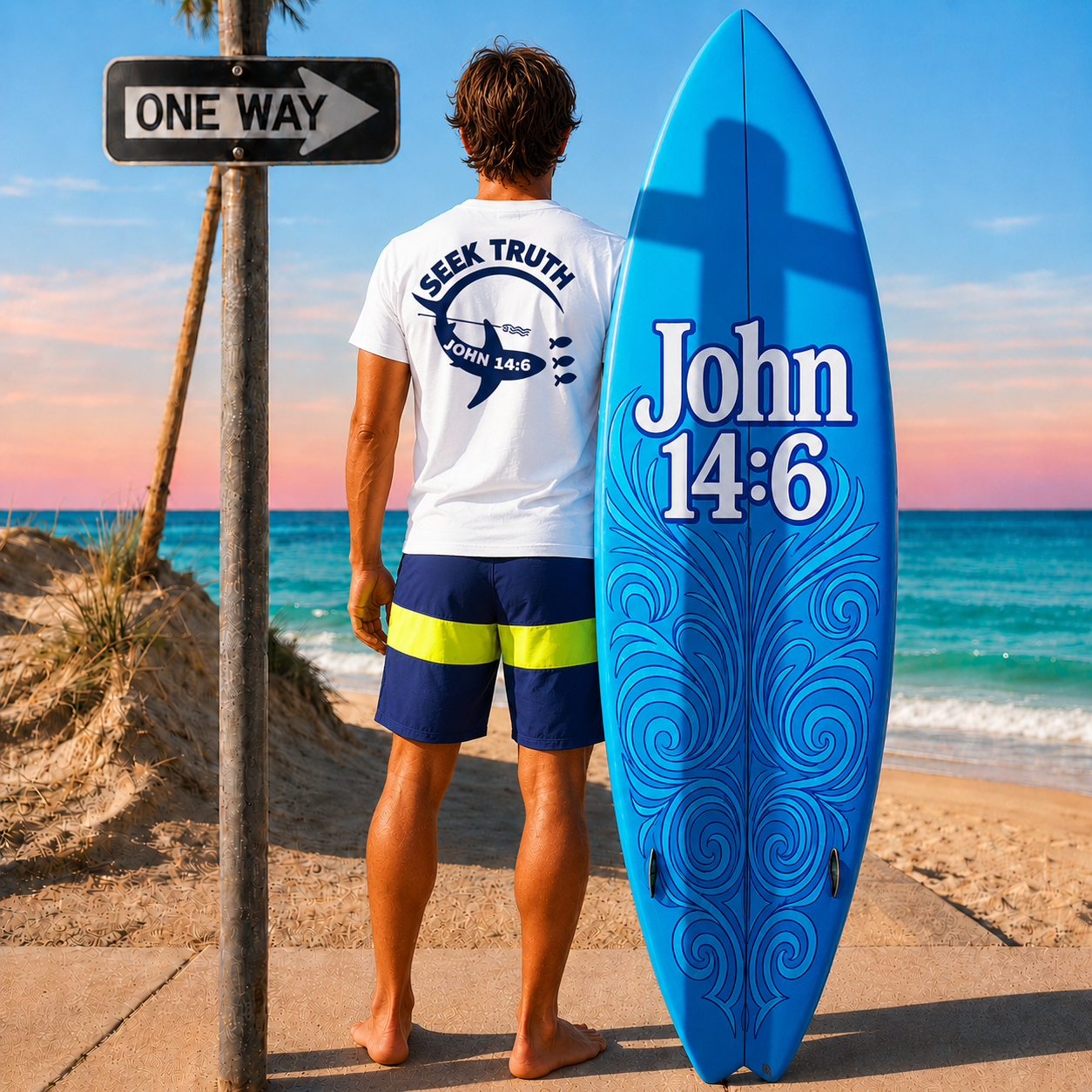 Person holding a blue surfboard with 'John 14:6' on it at the beach. One-way sign casts a cross shaped shadow on the board.