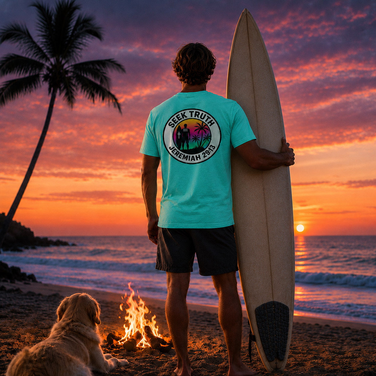 Man holding a surfboard and wearing a 'Seek Truth' t-shirt on a beach at sunset.