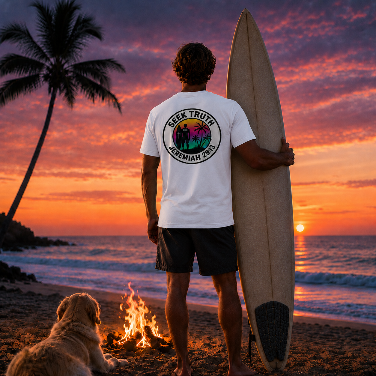 Man holding a surfboard and wearing a t-shirt with a sunset design on a beach at sunset.