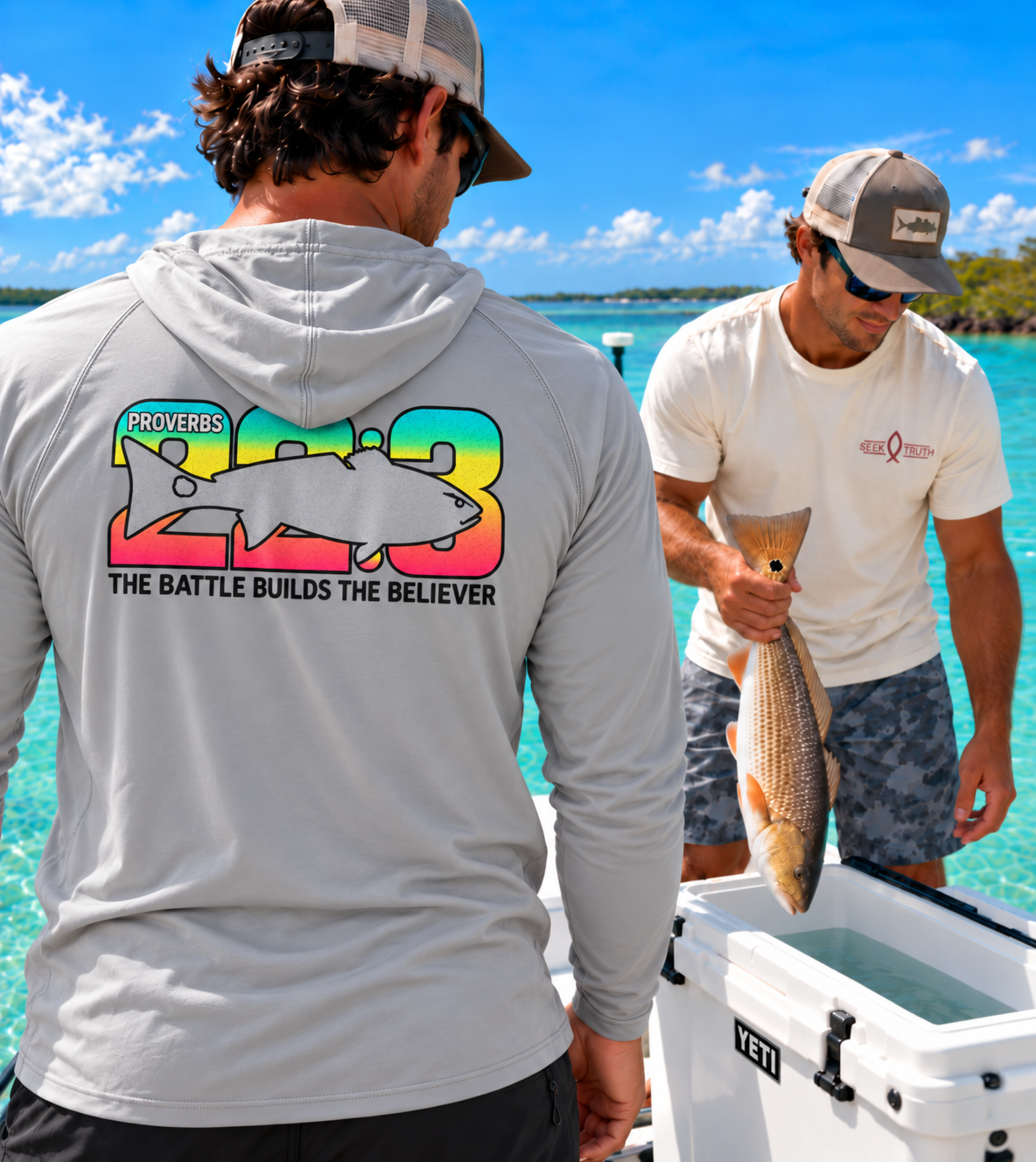 Proverbs 22:3 Christian Red Drum Light Performance Hooded Shirt