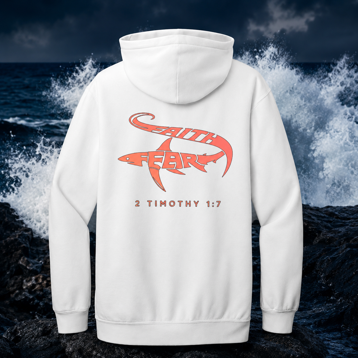 White hoodie with red graphic and text on the back, against a backdrop of ocean waves.