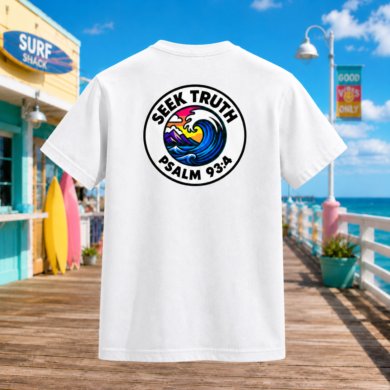 White t-shirt with a colorful graphic and text on a beach boardwalk with surf shack and ocean view.