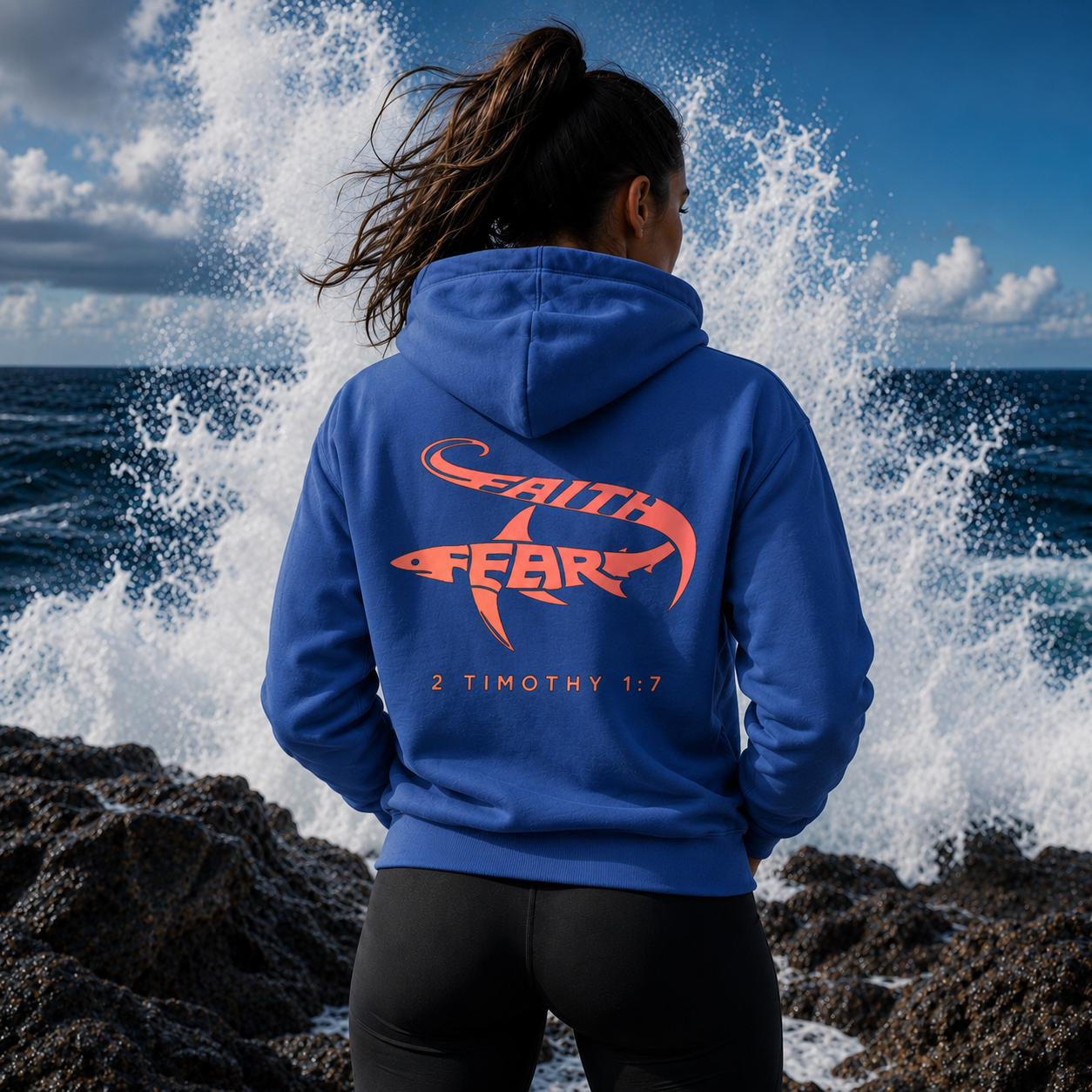 Person wearing a blue Seek Truth hoodie with 'Faith Over Fear' design by the ocean