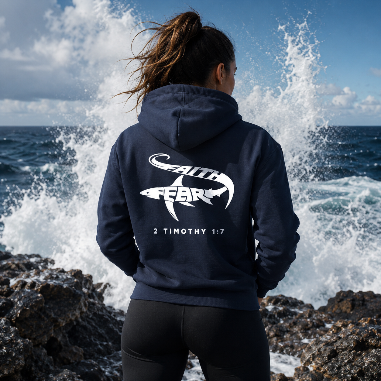 Person wearing a Seek Truth hoodie with a shark design and text by the ocean