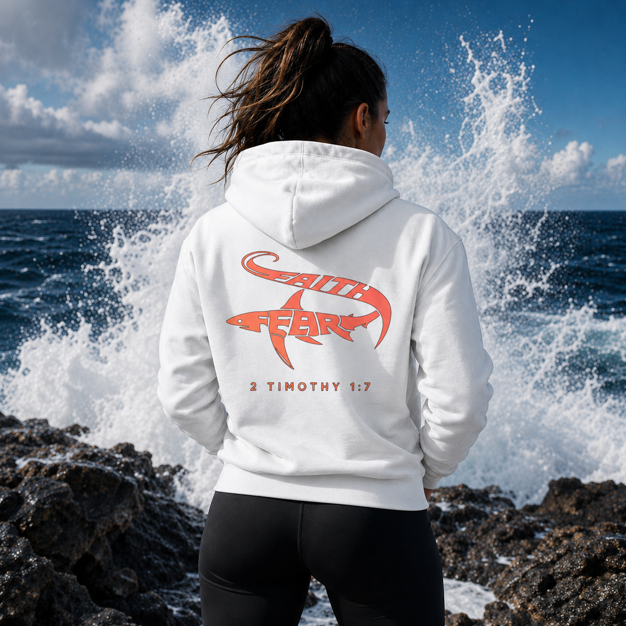 Person wearing a white Seek Truth hoodie with red text by the ocean