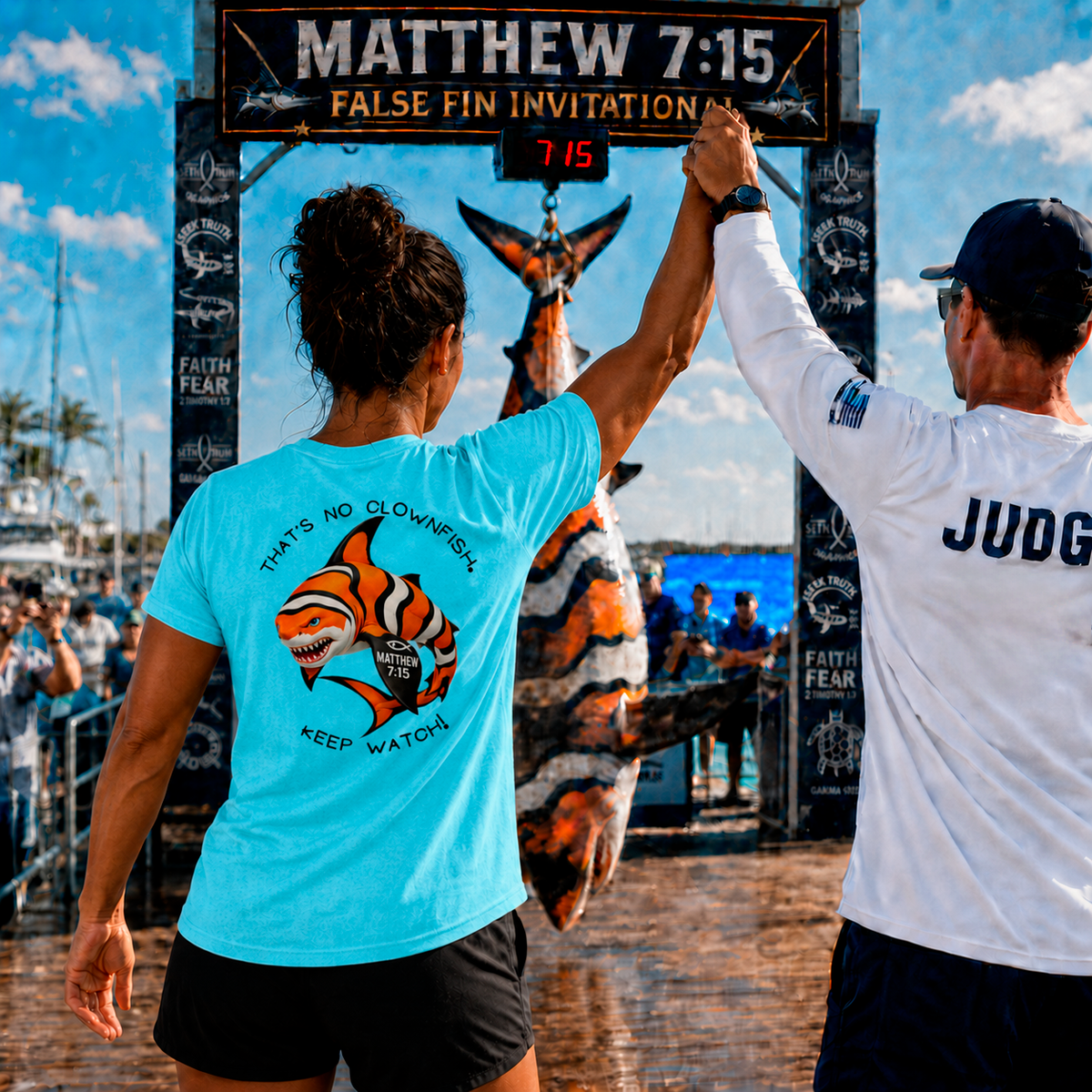 Two people raising hands at a finish line with a sign displaying 'Matthew 7:15 False Fin Invitation'.
