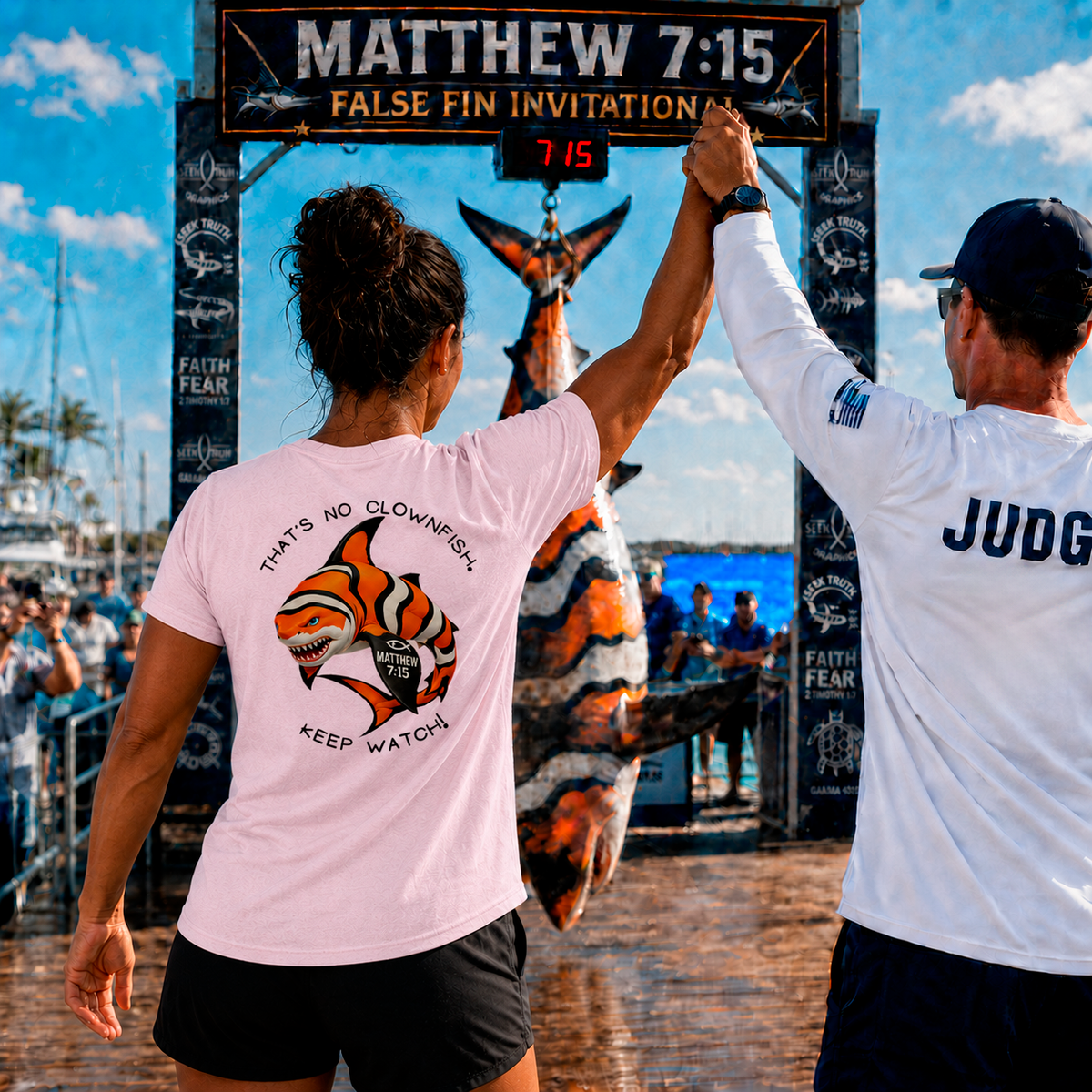 Two people giving each other a high-five at a race event with a large clownfish sculpture and 'Matthew 7:15 False Fin Invitation' sign.
