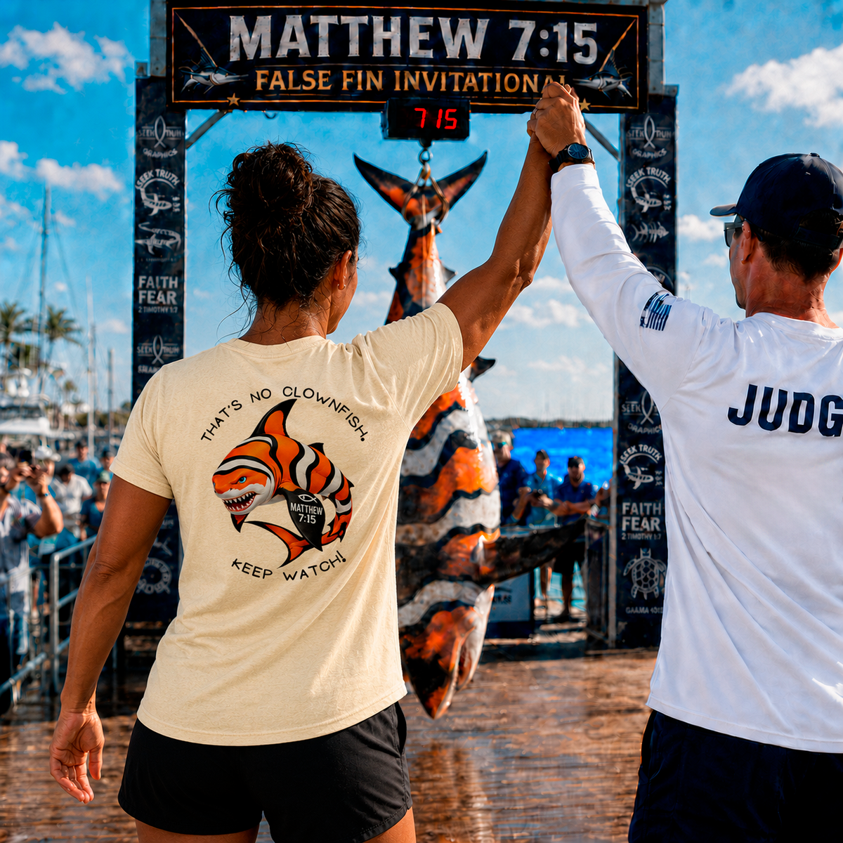 Two people giving each other a high-five in front of a large fish sculpture with a sign displaying 'Matthew 7:15 False Fin Invitation'.