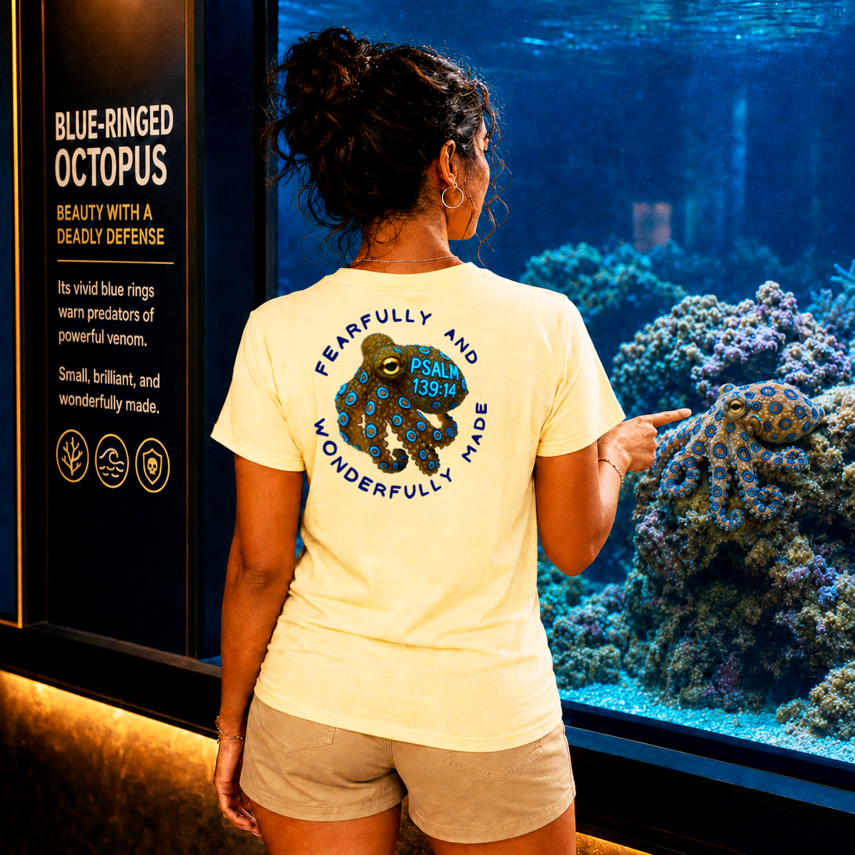 Person wearing a t-shirt with a blue-ringed octopus design and text, pointing at an aquarium display.