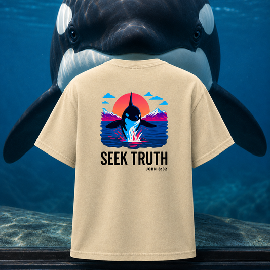 Kids Christian Orca Whale T-Shirt – John 8:32 “Seek Truth” Youth Tee