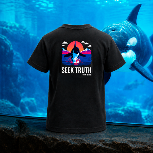Kids Christian Orca Whale T-Shirt – John 8:32 “Seek Truth” Youth Tee