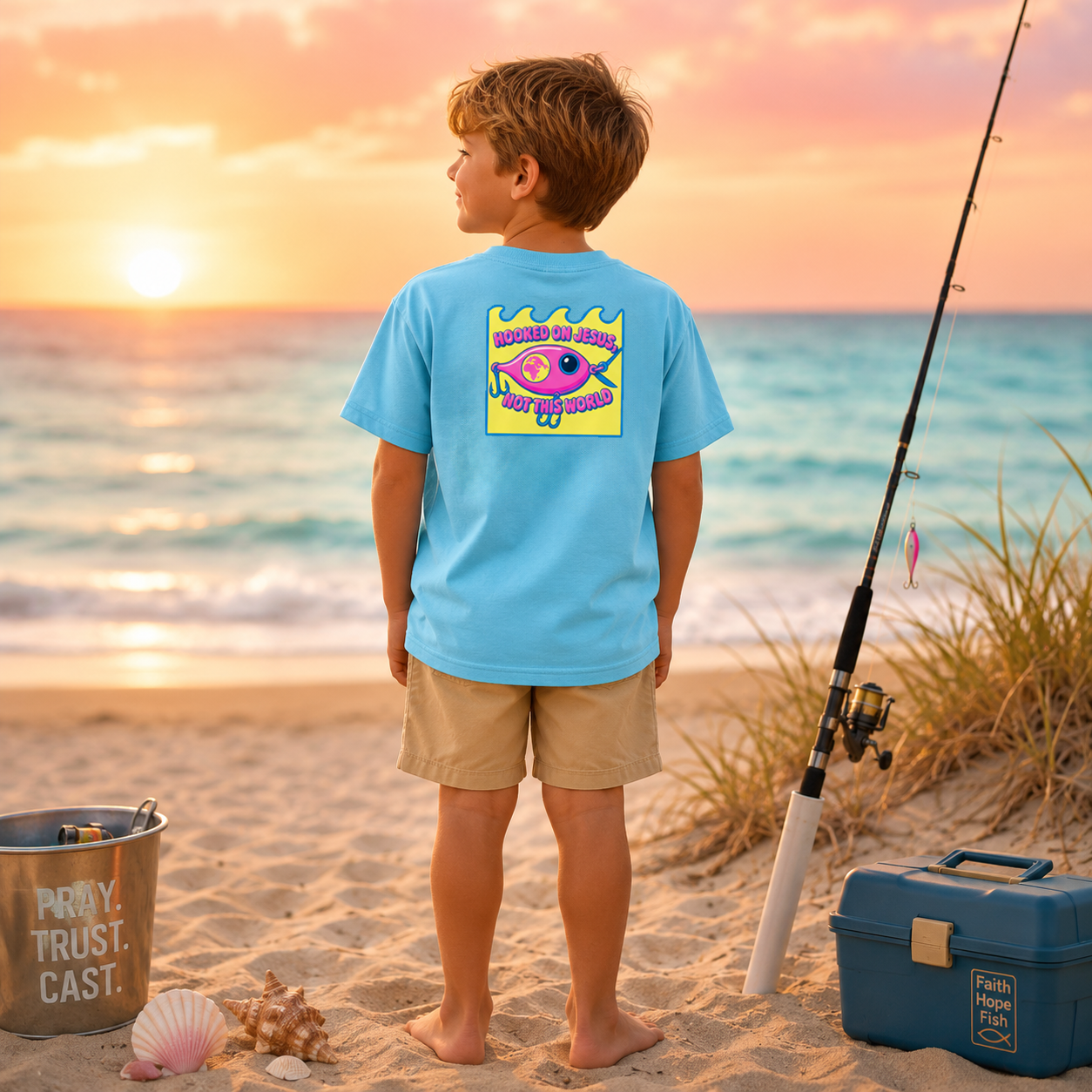 Kids Christian Fishing Faith T-Shirt – “Hooked on Jesus” Seek Truth Youth Tee