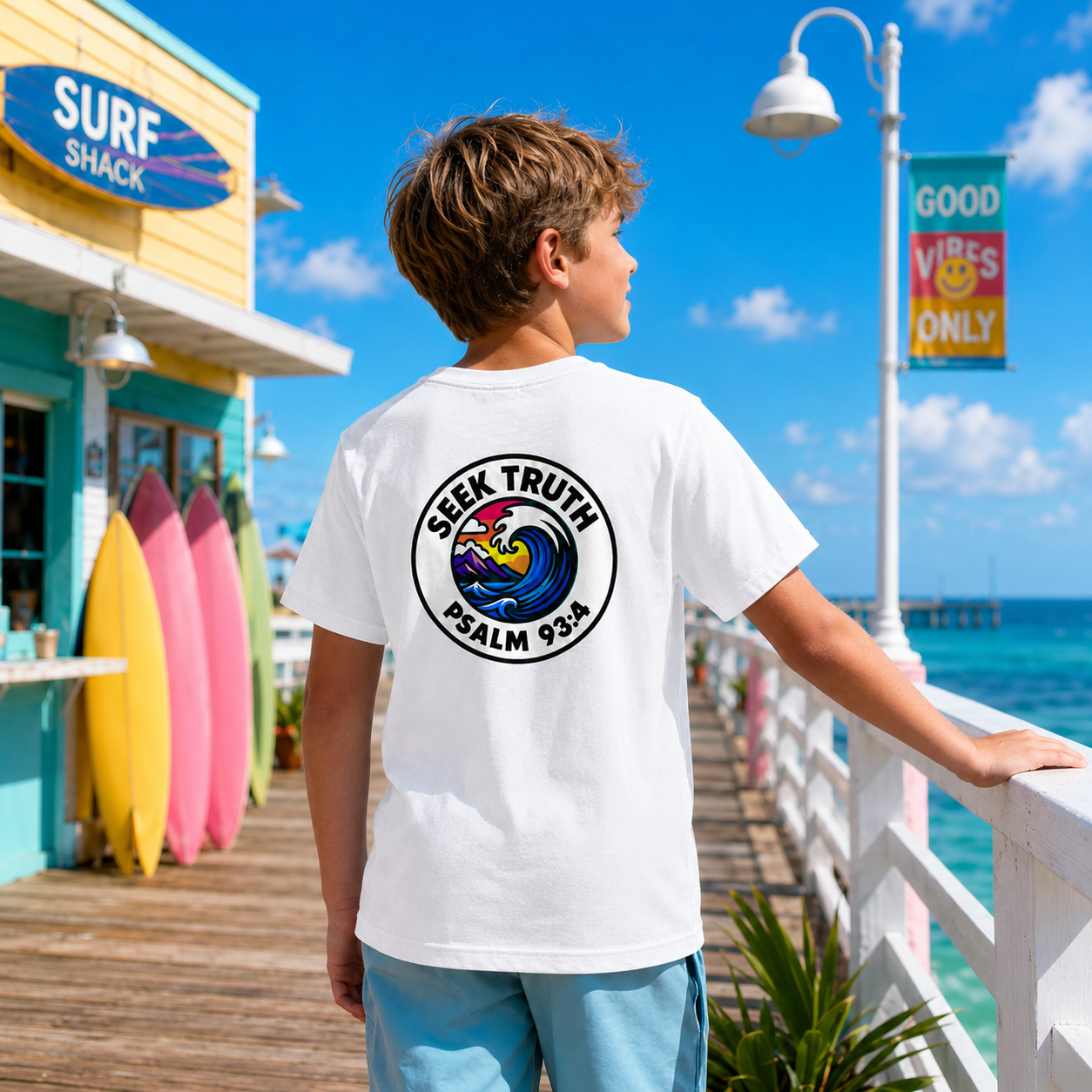 Kids Christian Ocean Wave Faith T-Shirt – Psalm 93:4 Seek Truth Youth Tee