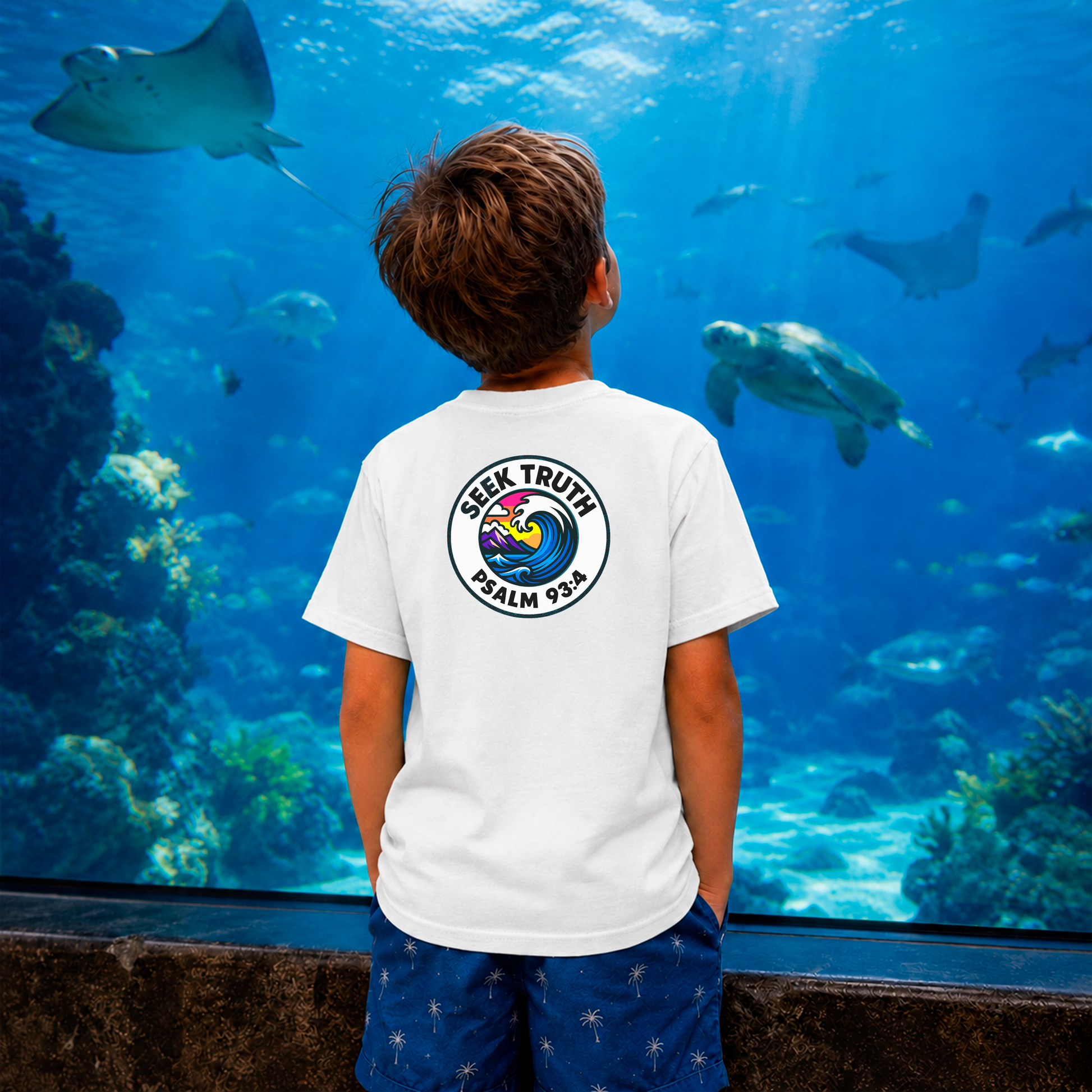 Child wearing a white t-shirt with a Seek Truth Design and text, standing in front of an aquarium with marine life.