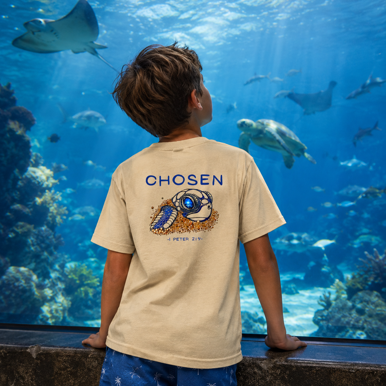 Kids Christian “Chosen” T-Shirt – 1 Peter 2:9 Seek Truth Sea Turtle Hatchling Youth Tee