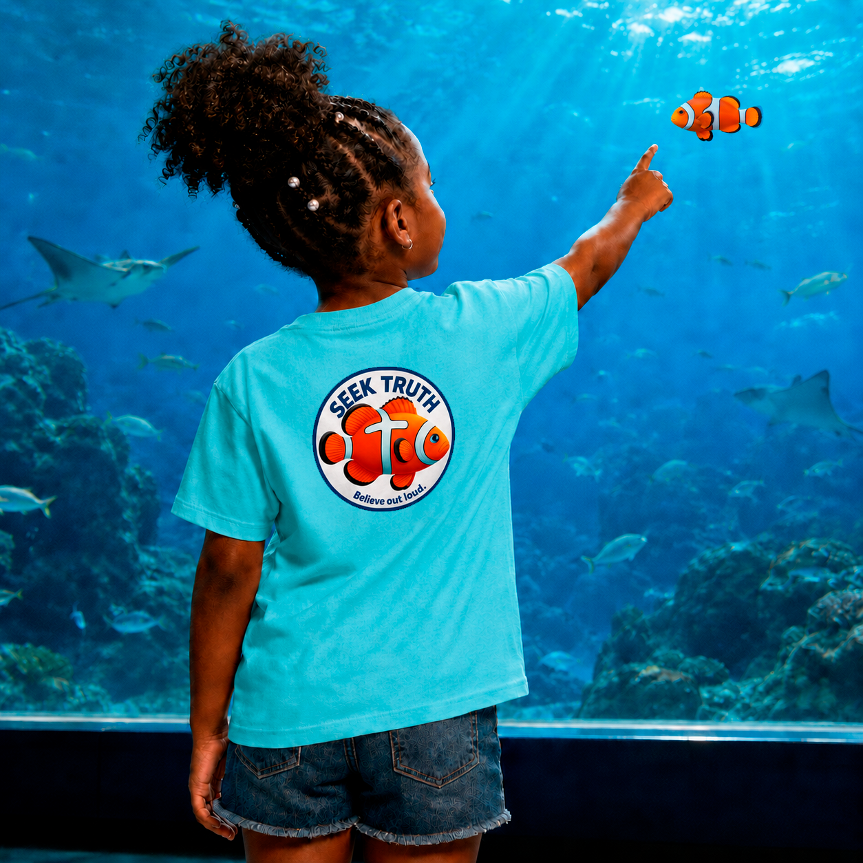 Kids Christian Clownfish Faith T-Shirt – “Believe Out Loud” Seek Truth Youth Tee