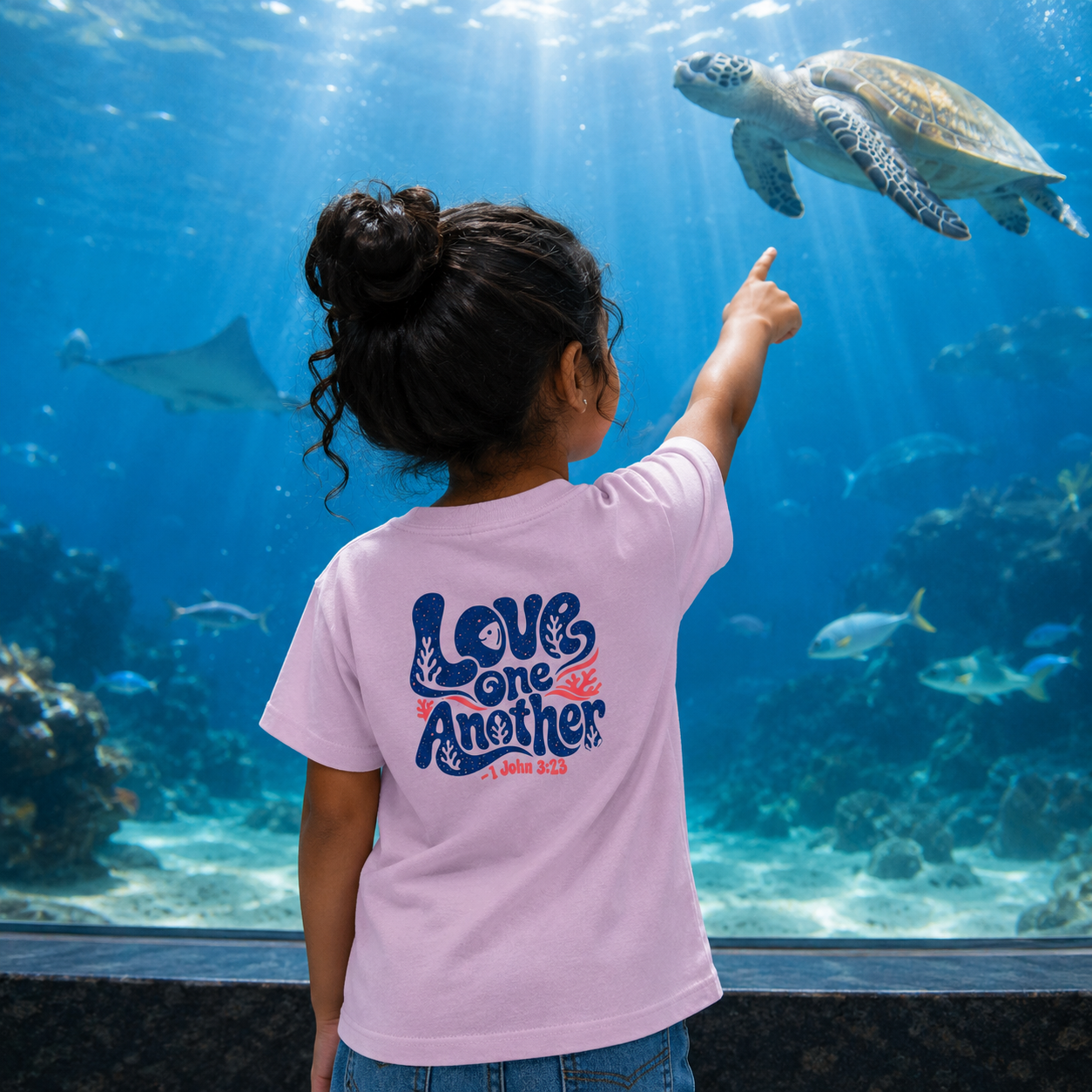 Kids Christian “Love One Another” Coral Design T-Shirt – 1 John 3:23 Seek Truth Youth Tee