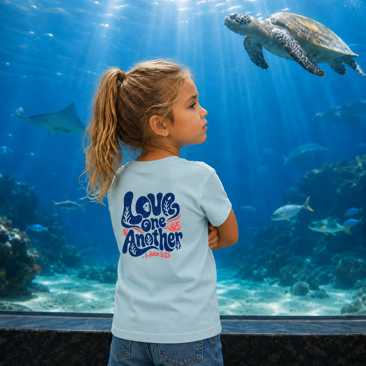 Kids Christian “Love One Another” Coral Design T-Shirt – 1 John 3:23 Seek Truth Youth Tee