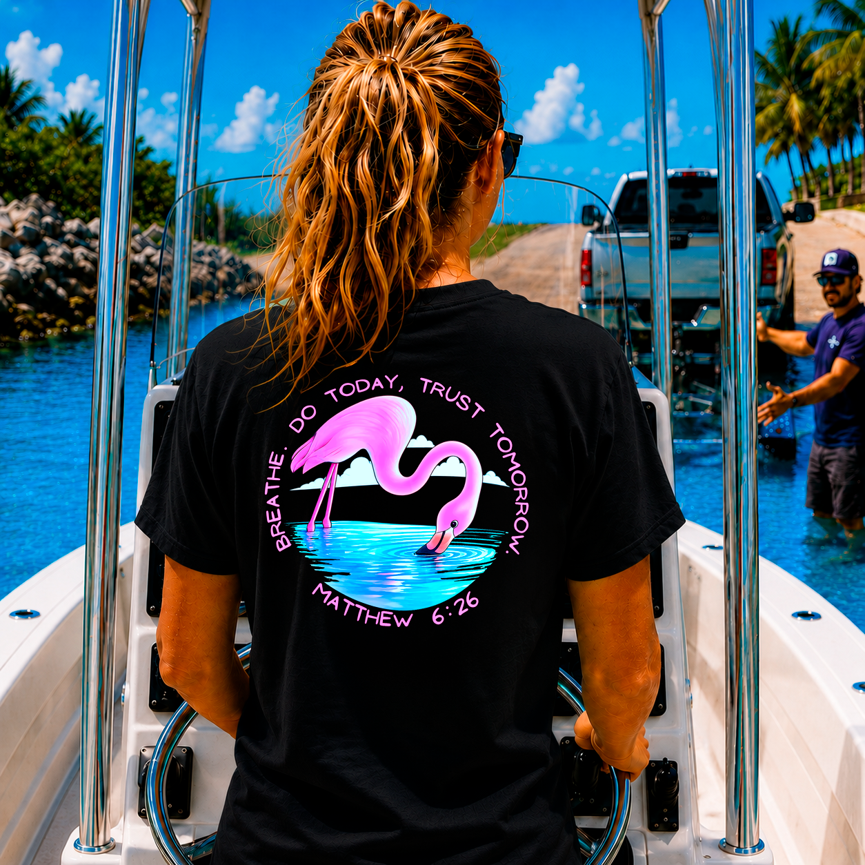 Person on a boat wearing a black t-shirt with a flamingo design and text.