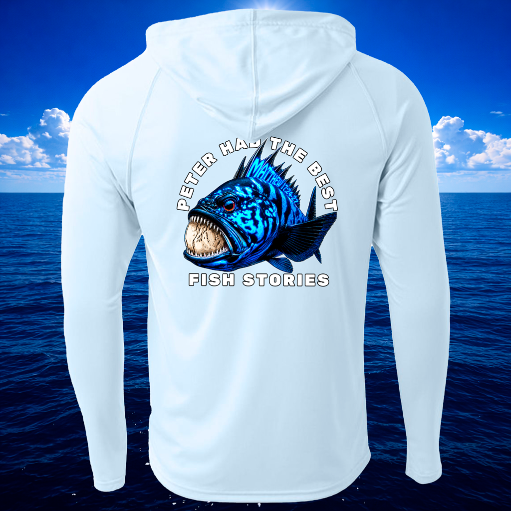 Blue hoodie with a fish graphic and text on the back, set against a blue ocean and sky background.