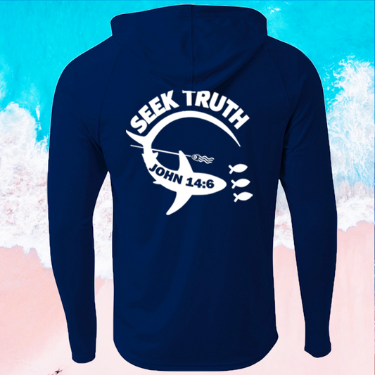 (P01) Seek Truth John 14:6 Shark Christian A4 Men's Cooling Performance Long-Sleeve Hooded T-shirt