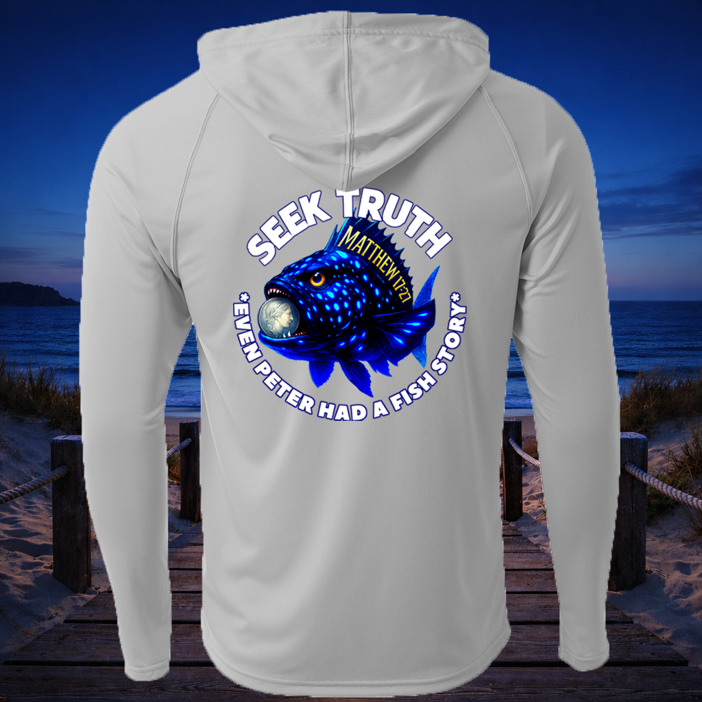 (P06) Seek Truth Matthew 17-27 Grouper Christian Men's Cooling Performance Long-Sleeve Hooded T-shirt