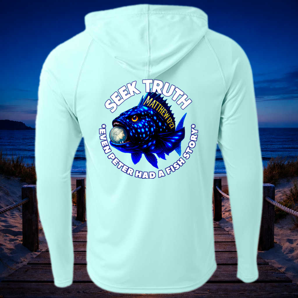 (P06) Seek Truth Matthew 17-27 Grouper Christian Men's Cooling Performance Long-Sleeve Hooded T-shirt