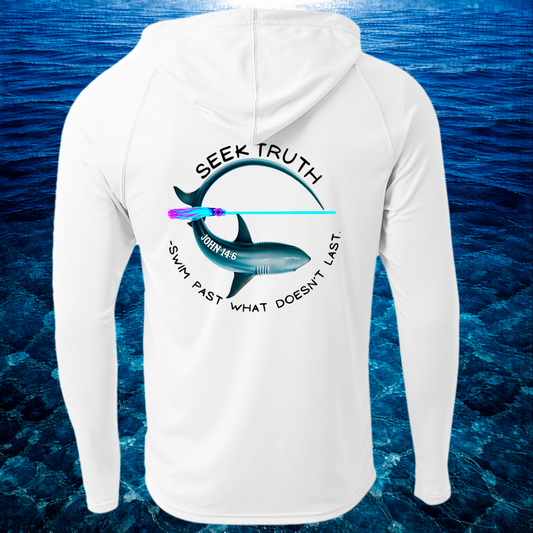 (P07) Seek Truth John 14:6 Mako Shark Christian Men's Cooling Performance Long-Sleeve Hooded T-shirt
