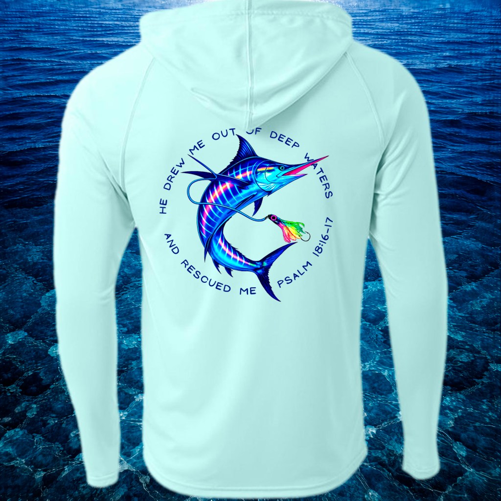 (P08) Seek Truth Psalm 18:16-17 Marlin Christian Men's Cooling Performance Long-Sleeve Hooded T-shirt