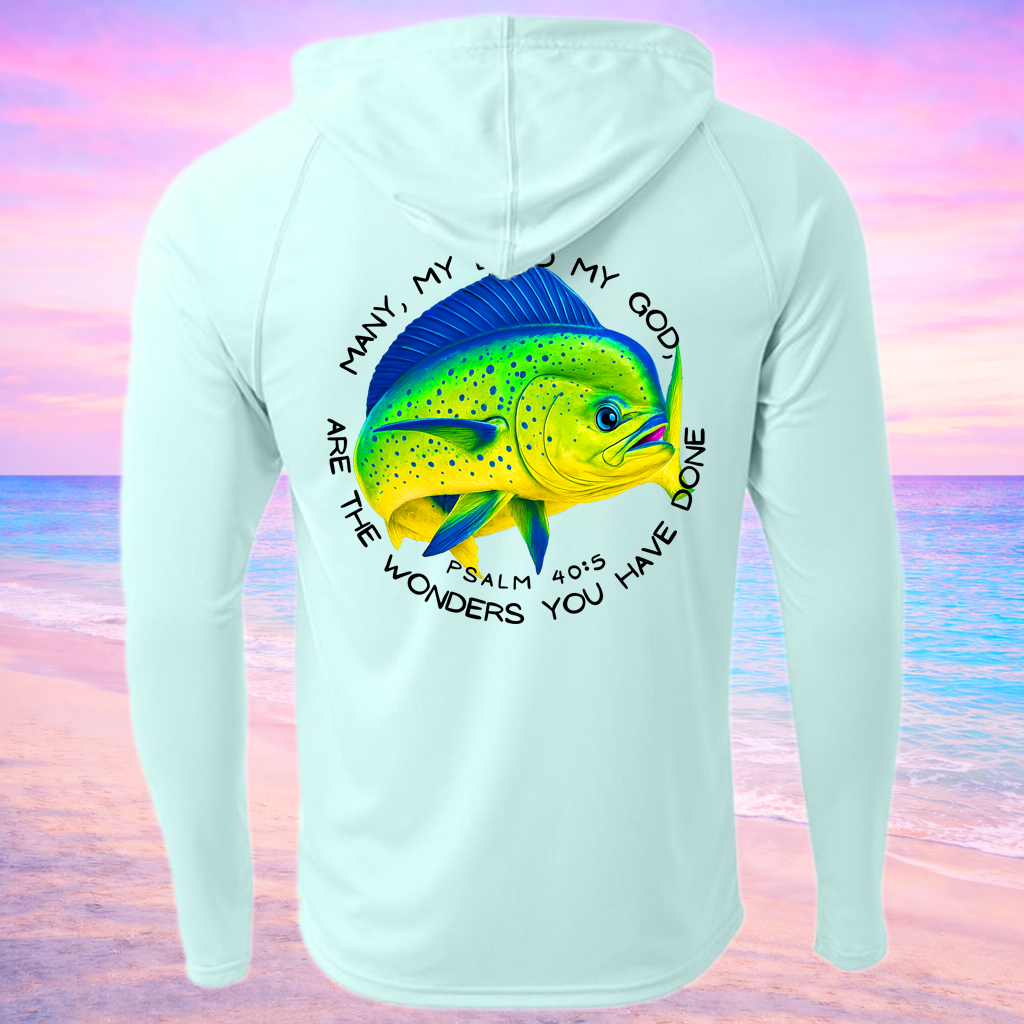 Light blue hoodie with a colorful Mahi Mahi fish graphic and text on the back, against a pastel gradient background.