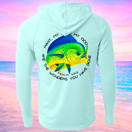 Light blue hoodie with a colorful Mahi Mahi fish graphic and text on the back, against a pastel gradient background.