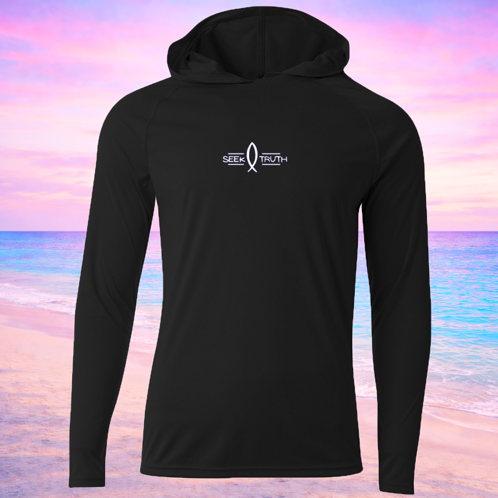 (P04) Seek Truth 1st Peter 5:8 Shark Christian A4 Men's Cooling Performance Long-Sleeve Hooded T-shirt