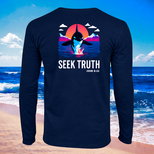 (LS21) Seek Truth John 8:32 Killer Whale Christian T-Shirt Comfort Colors Long Sleeve Tee