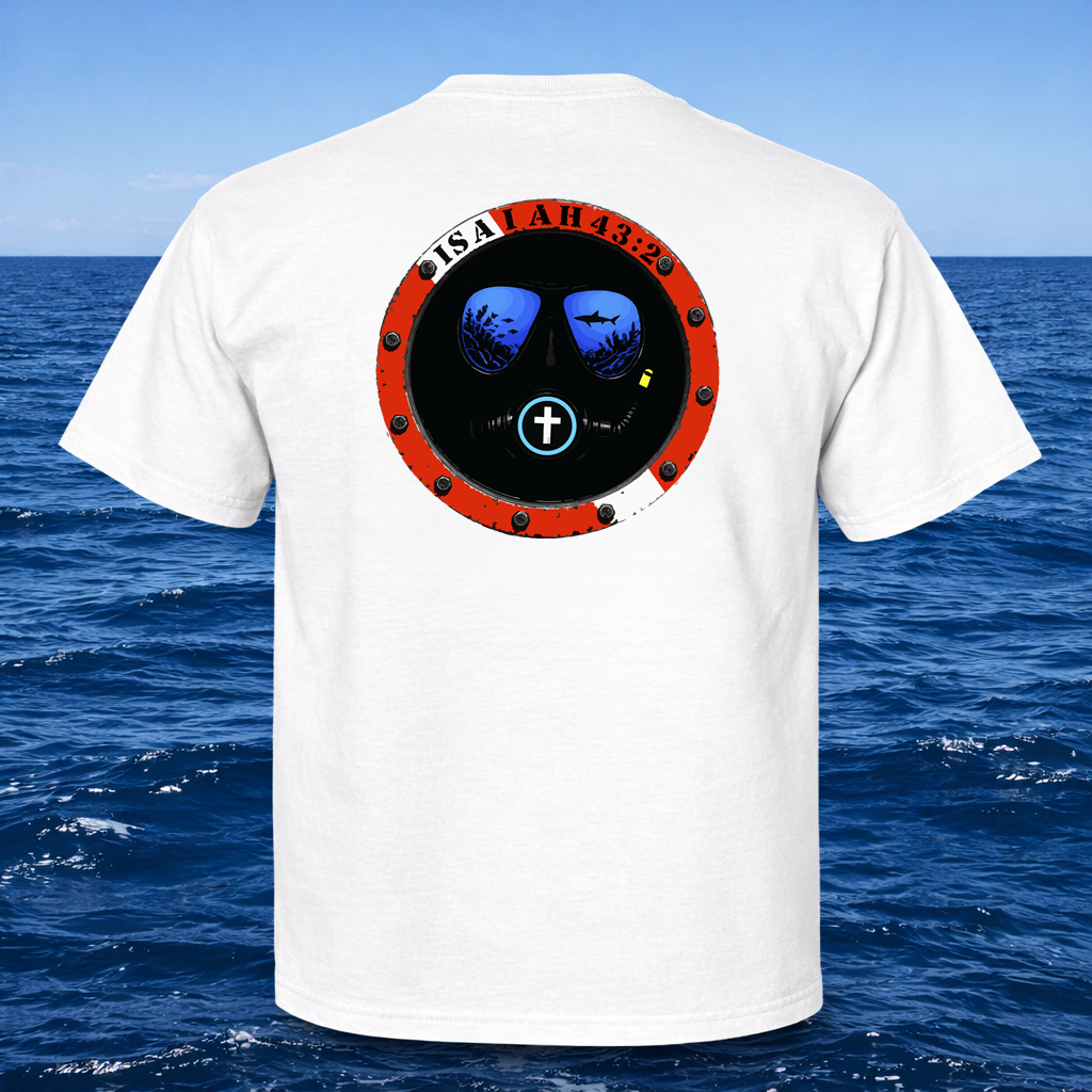 A bright white t-shirt shown from the back, featuring a large circular graphic print of a submarine window with a cross symbol in the center. The background is a digital ocean scene with dark blue waves.
