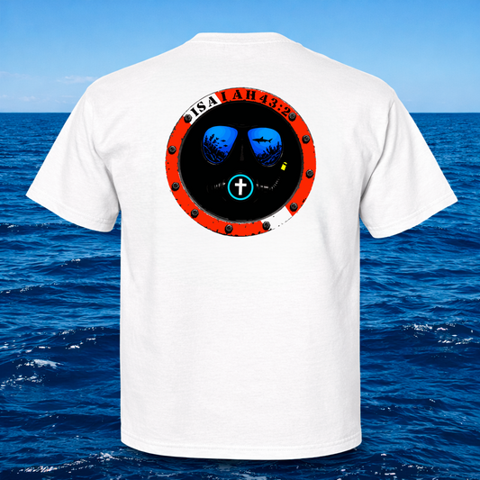 A bright white t-shirt shown from the back, featuring a large circular graphic print of a submarine window with a cross symbol in the center. The background is a digital ocean scene with dark blue waves.
